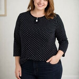 Quacker Factory XL Top Black Polka Dots Pearl Accent Retro Officecore Stretch